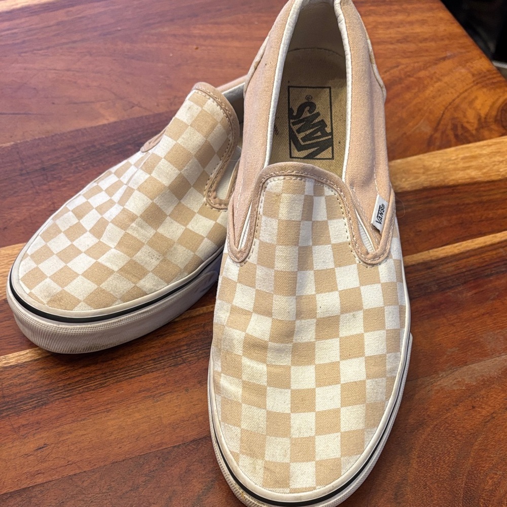 Vans Beige and White Checkered Slip-Ons - Picture 1 of 2